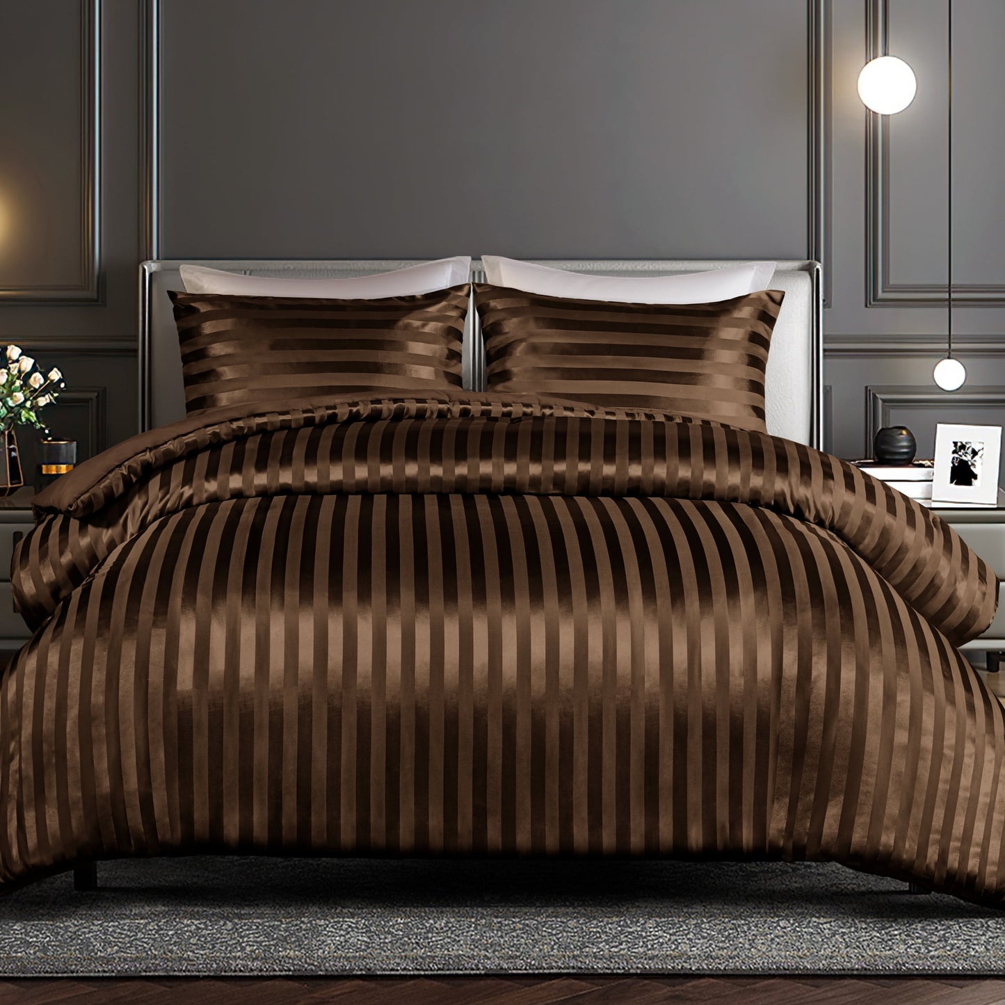 Whale Flotilla 2-Piece Reversible Silky Soft Twin Size Comforter Set, Luxury Stripe Satin Comforter Bedding Set with Satin Pillowcase, Lightweight Duvet Set for All Seasons, Brown