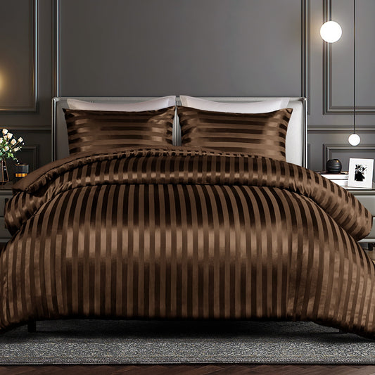 Whale Flotilla 2-Piece Reversible Silky Soft Twin Size Comforter Set, Luxury Stripe Satin Comforter Bedding Set with Satin Pillowcase, Lightweight Duvet Set for All Seasons, Brown