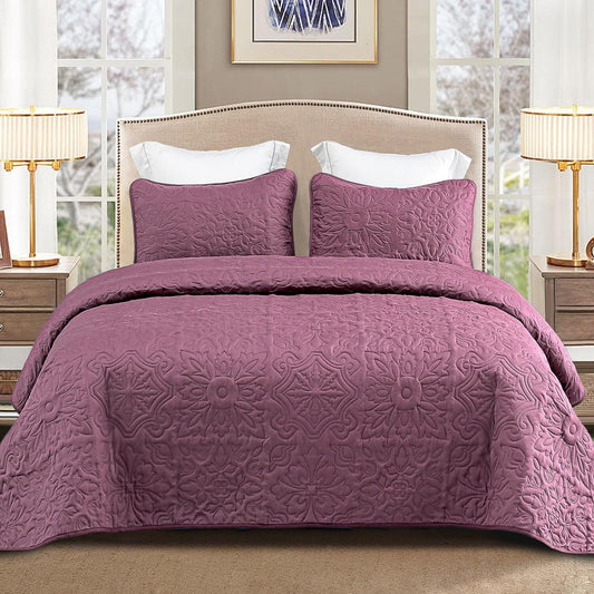 Whale Flotilla 2-Piece Twin Quilt Set, Soft Embossed Bedding Set, Lightweight Bedspread Coverlet with Damask Vintage Pattern, Reversible Bed Cover for All Seasons, Dusty Lavender