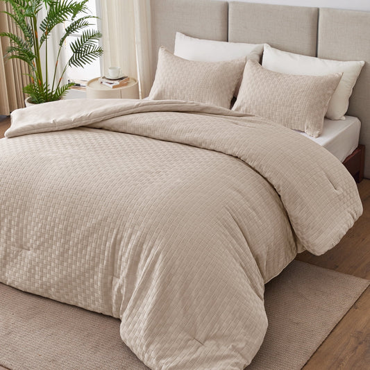 Whale Flotilla 3-Piece Jacquard Braid Ultra Soft Queen Comforter Set, Luxury Reversible Microfiber Comforters Full Size Bedding Set with 2 Pillowcases, Lightweight Duvet for All Seasons, Beige