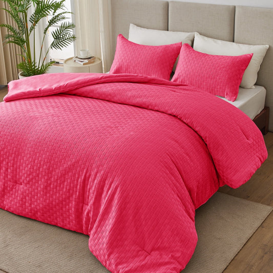 Whale Flotilla 3-Piece Jacquard Braid Ultra Soft Queen Comforter Set, Luxury Reversible Microfiber Comforters Full Size Bedding Set with 2 Pillowcases, Lightweight Duvet for All Seasons, Hot Pink