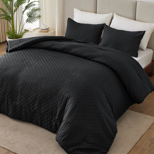 Whale Flotilla 3-Piece Jacquard Braid Ultra Soft Queen Comforter Set, Luxury Reversible Microfiber Comforters Full Size Bedding Set with 2 Pillowcases, Lightweight Duvet for All Seasons, Black