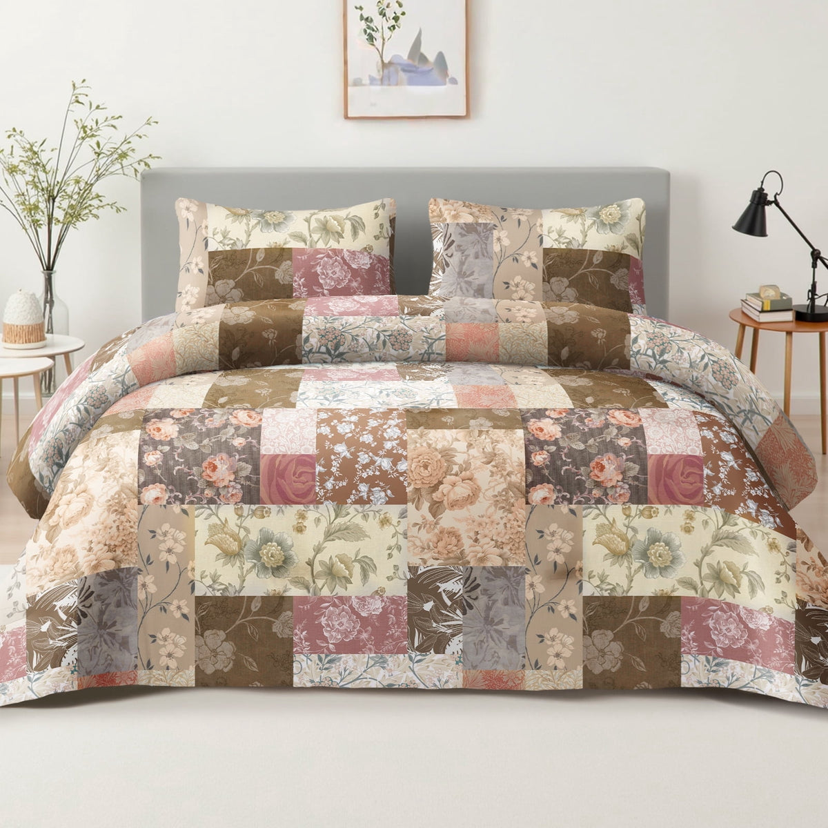 Whale Flotilla 3-Piece King Comforter Set, Soft Reversible Bedding Comforter Sets, Patchwork Printed Down Alternative Comforter Duvet for All Seasons, Vintage Red Flowers