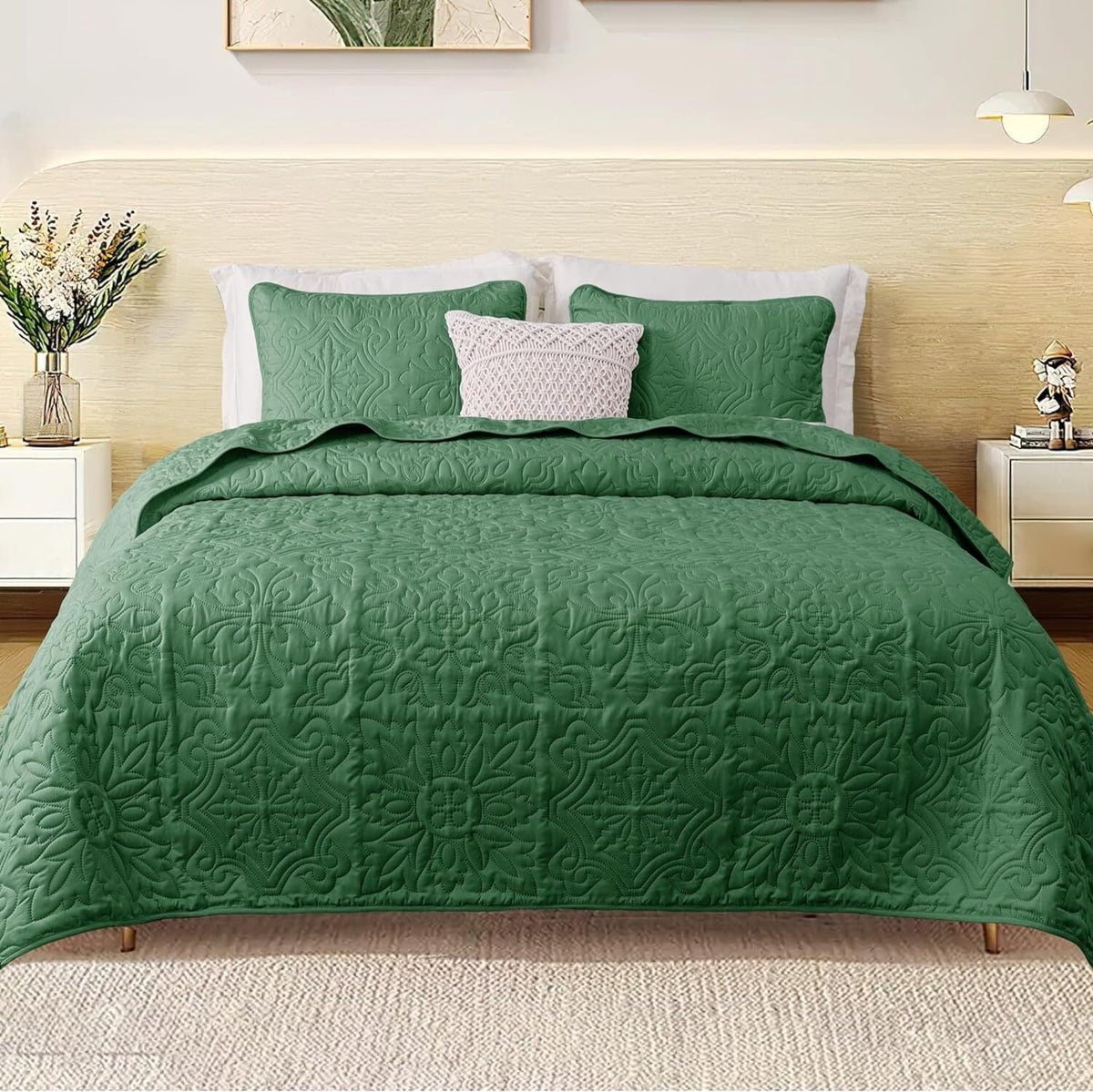 Whale Flotilla 3-Piece King Quilt Set, Soft Ultrasonic Embossed Bedding Set, Lightweight Bedspread Coverlet with Boho Vintage Pattern, Reversible Bed Cover for All Seasons, Sage Green