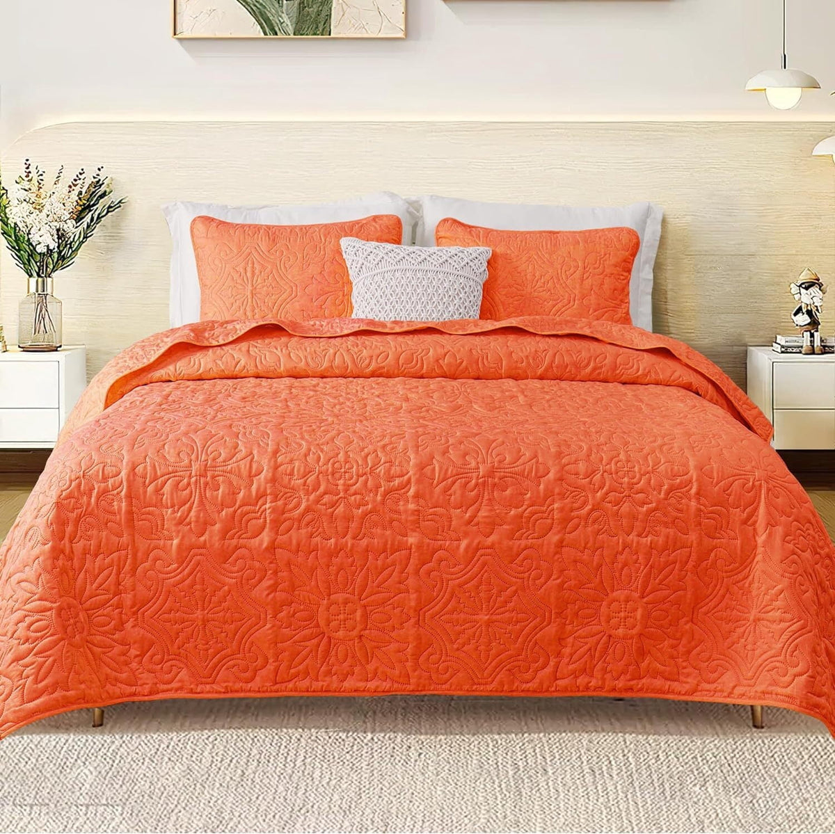 Whale Flotilla 3-Piece King Quilt Set, Soft Ultrasonic Embossed Bedding Set, Lightweight Bedspread Coverlet with Boho Vintage Pattern, Reversible Bed Cover for All Seasons, Burnt Orange