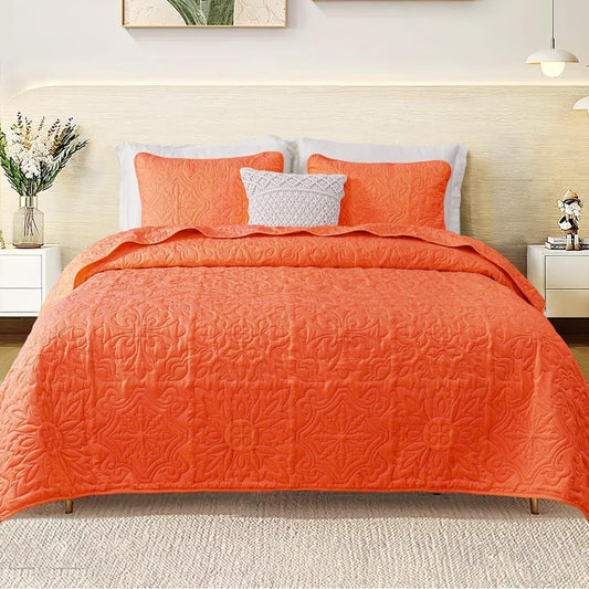 Whale Flotilla 3-Piece King Quilt Set, Soft Ultrasonic Embossed Bedding Set, Lightweight Bedspread Coverlet with Boho Vintage Pattern, Reversible Bed Cover for All Seasons, Burnt Orange