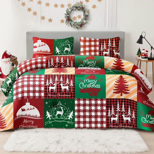 Whale Flotilla 3-Piece Queen Comforter Set, Soft Reversible Bedding Comforter Sets, Patchwork Printed Down Alternative Comforter Duvet for All Seasons,Happy Christmas