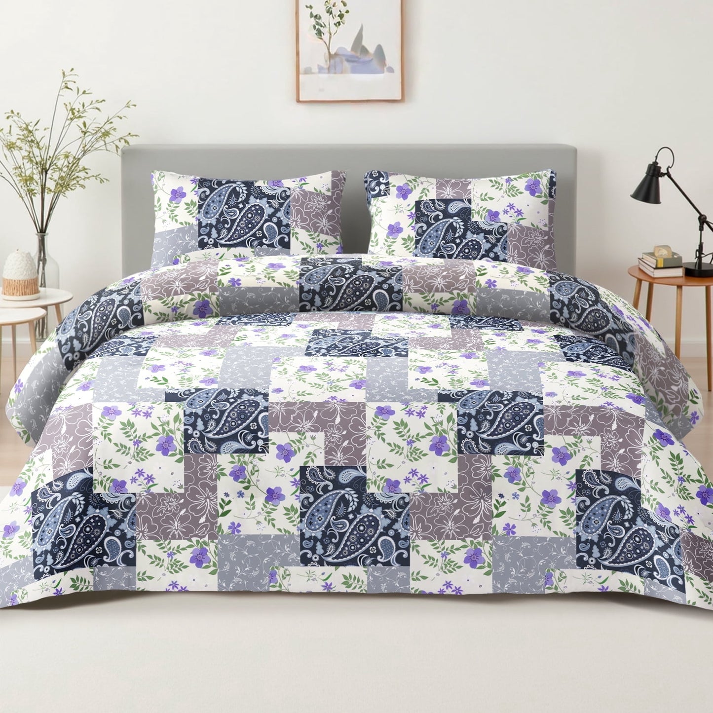 Whale Flotilla 3-Piece Queen Comforter Set, Soft Reversible Bedding Comforter Sets, Patchwork Printed Down Alternative Comforter Duvet for All Seasons,Paisley Flowers