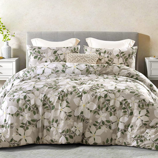 Whale Flotilla 3-Piece Queen Comforter Set, Soft Reversible Bedding Comforter Sets, Floral Printed Down Alternative Comforter Duvet for All Seasons, Bone
