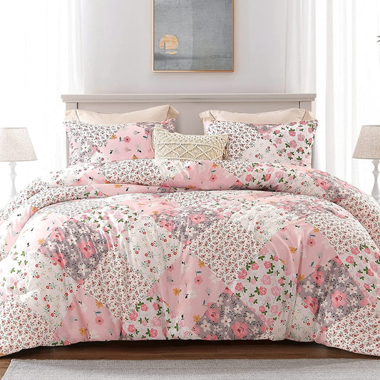 Whale Flotilla 3-Piece Queen Comforter Set, Soft Reversible Bedding Comforter Sets, Patchwork Printed Down Alternative Comforter Duvet for All Seasons, Pink