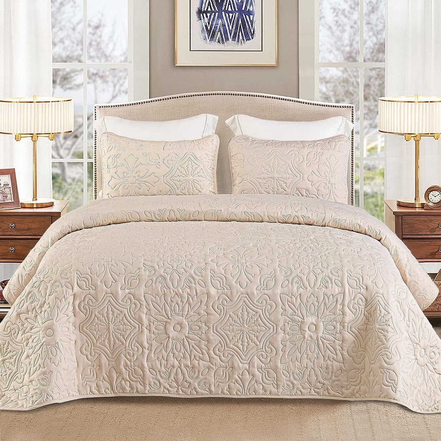 Whale Flotilla 3-Piece Queen Quilt Set, Soft Embossed Bedding Set, Lightweight Bedspread Coverlet with Damask Vintage Pattern, Reversible Bed Cover for All Seasons, Brich Beige