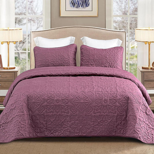 Whale Flotilla 3-Piece Queen Quilt Set, Soft Embossed Bedding Set, Lightweight Bedspread Coverlet with Damask Vintage Pattern, Reversible Bed Cover for All Seasons, Dusty Lavender