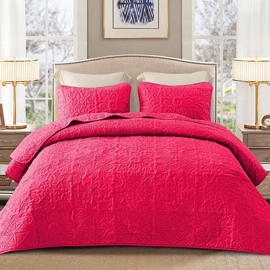 Whale Flotilla 3-Piece Queen Quilt Set, Soft Embossed Bedding Set, Lightweight Bedspread Coverlet with Damask Vintage Pattern, Reversible Bed Cover for All Seasons, Hot Pink