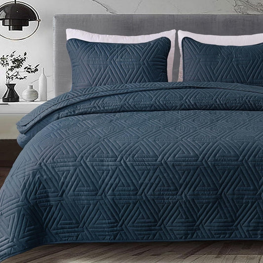 Whale Flotilla 3-Piece Queen Size Quilt Set for All Season, Classic Geometric Pattern Bedding Set with 2 Pillow Shams, Soft and Lightweight, Navy