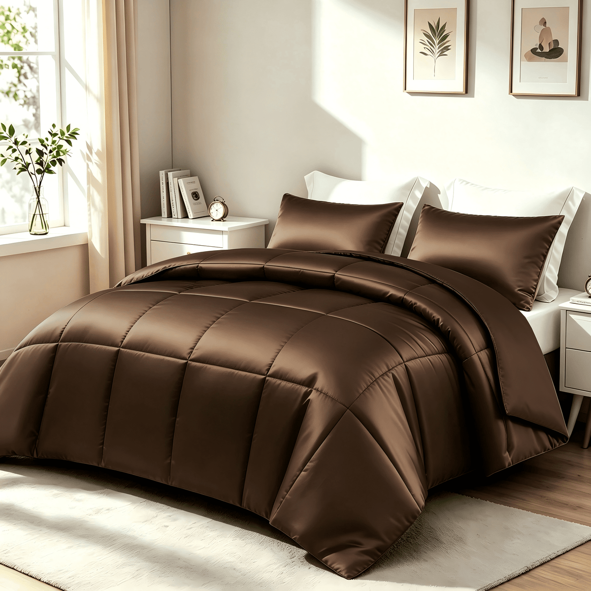 Whale Flotilla 3-Piece Reversible Silky Satin King Size Comforter Bedding Set, Lightweight Luxury Comforters with 2 Pillowcases All-Season, Brown