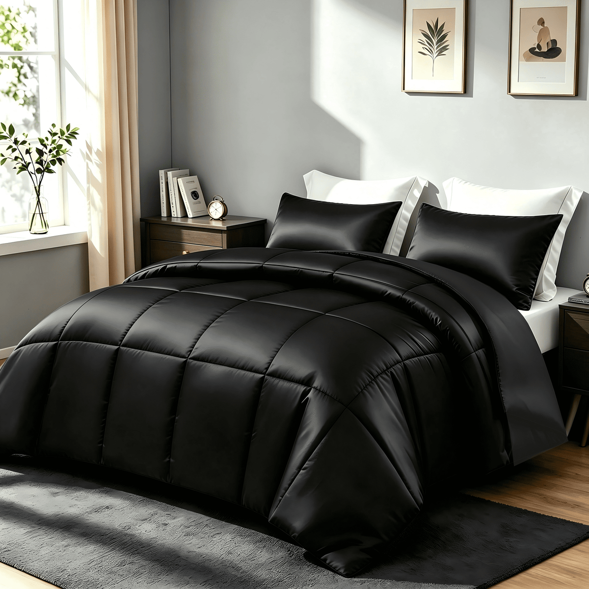 Whale Flotilla 3-Piece Reversible Silky Satin King Size Comforter Bedding Set, Lightweight Luxury Comforters with 2 Pillowcases All-Season, Black