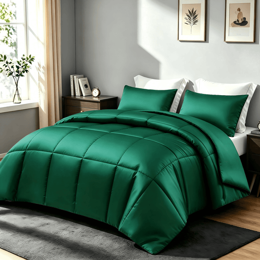 Whale Flotilla 3-Piece Reversible Silky Satin King Size Comforter Bedding Set, Lightweight Luxury Comforters with 2 Pillowcases All-Season, Deep Green