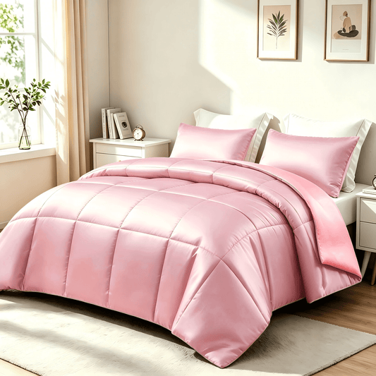 Whale Flotilla 3-Piece Reversible Silky Satin Queen Size Comforter Bedding Set, Lightweight Luxury Comforters with 2 Pillowcases All-Season, Pink
