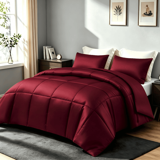 Whale Flotilla 3-Piece Reversible Silky Satin Queen Size Comforter Bedding Set, Lightweight Luxury Comforters with 2 Pillowcases All-Season, Red