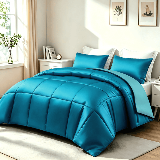 Whale Flotilla 3-Piece Reversible Silky Satin Queen Size Comforter Bedding Set, Lightweight Luxury Comforters with 2 Pillowcases All-Season, Turquoise