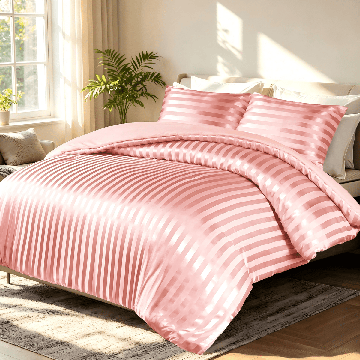 Whale Flotilla King Comforter Set 3-Piece Pink Satin Stripe Bedding, Lightweight All-Season Reversible Soft Bedding Set with 2 Pillowcases