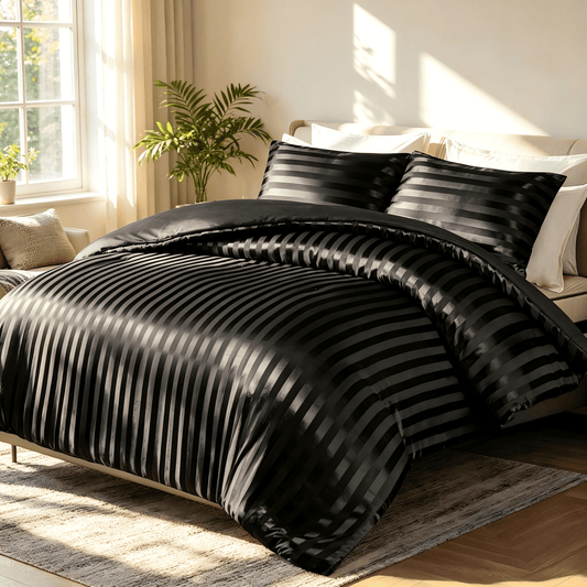 Whale Flotilla King Comforter Set 3-Piece Black Satin Stripe Bedding, Lightweight All-Season Reversible Soft Bedding Set with 2 Pillowcases