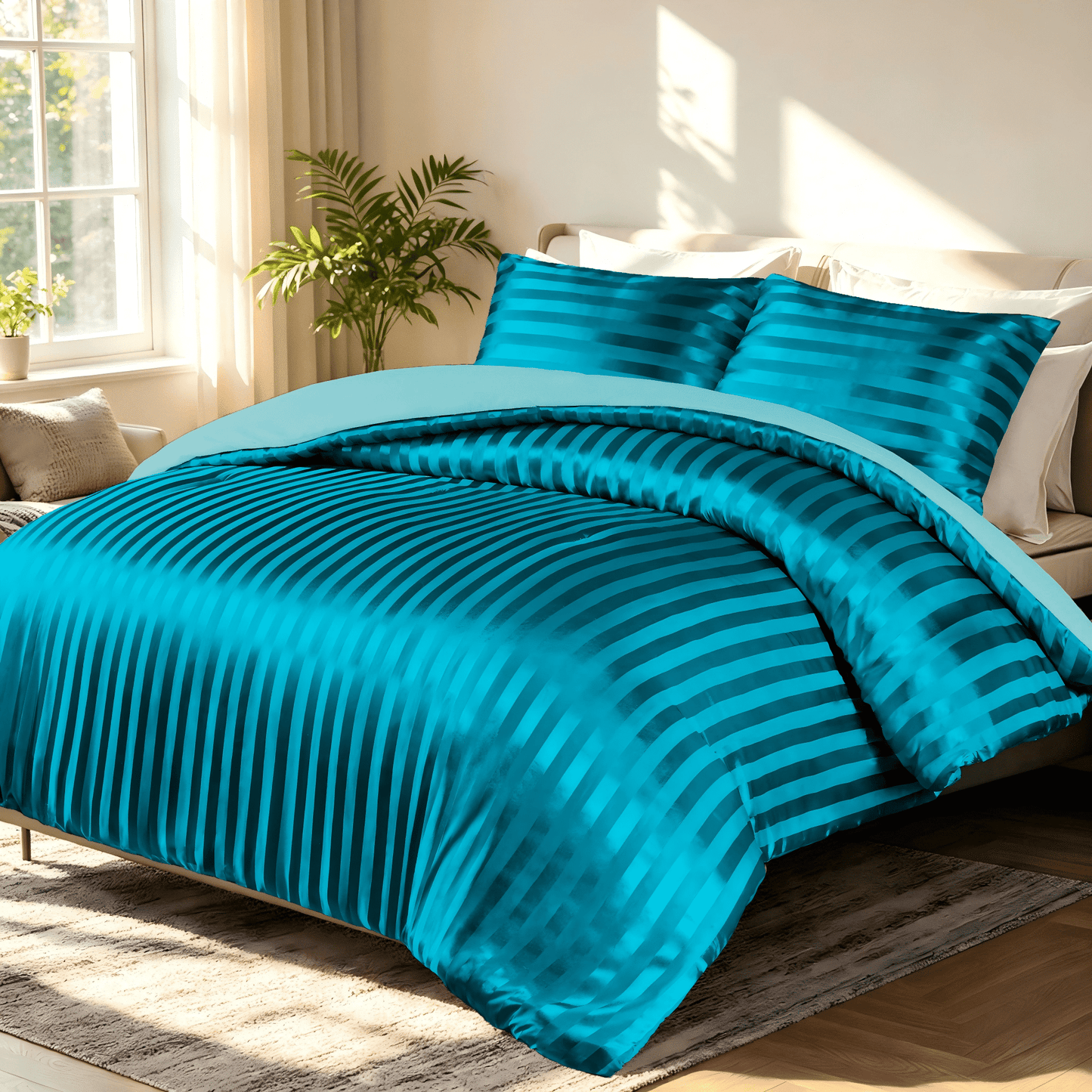 Whale Flotilla King Comforter Set 3-Piece Turquoise Satin Stripe Bedding, Lightweight All-Season Reversible Soft Bedding Set with 2 Pillowcases