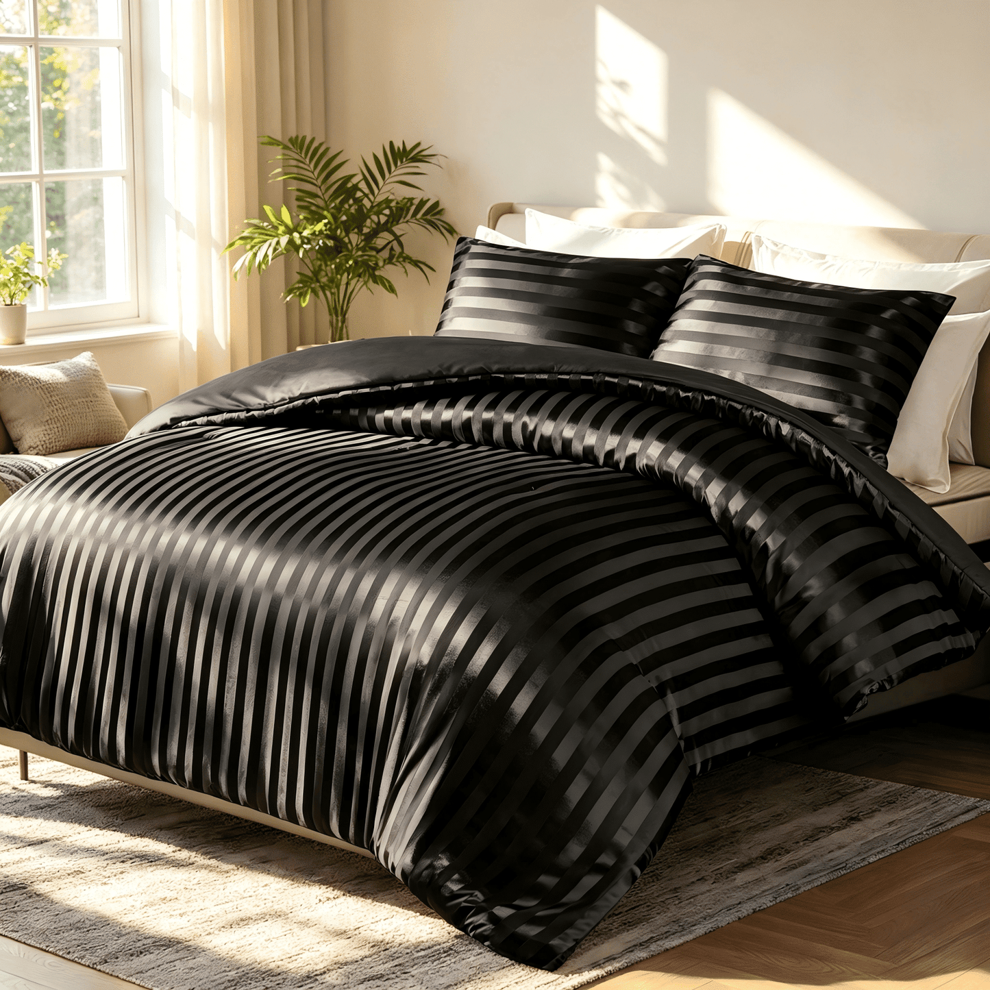 Whale Flotilla Queen Comforter Set 3-Piece Black Satin Stripe Bedding, Lightweight All-Season Reversible Soft Bedding Set with 2 Pillowcases
