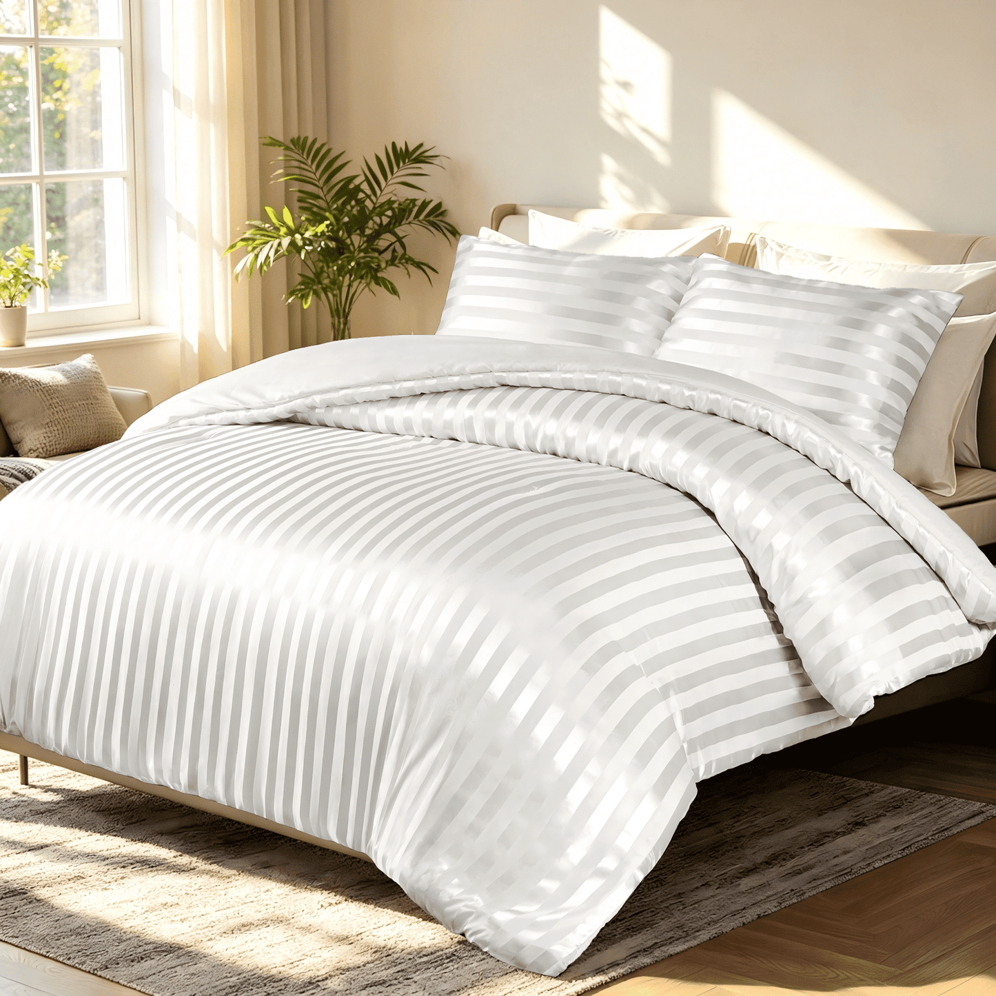Whale Flotilla Queen Comforter Set 3-Piece White Satin Stripe Bedding, Lightweight All-Season Reversible Soft Bedding Set with 2 Pillowcases