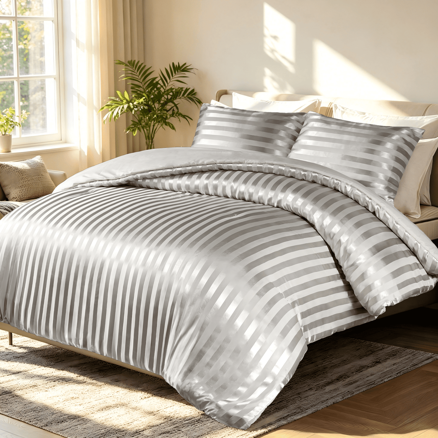 Whale Flotilla Queen Comforter Set 3-Piece Grey Satin Stripe Bedding, Lightweight All-Season Reversible Soft Bedding Set with 2 Pillowcases