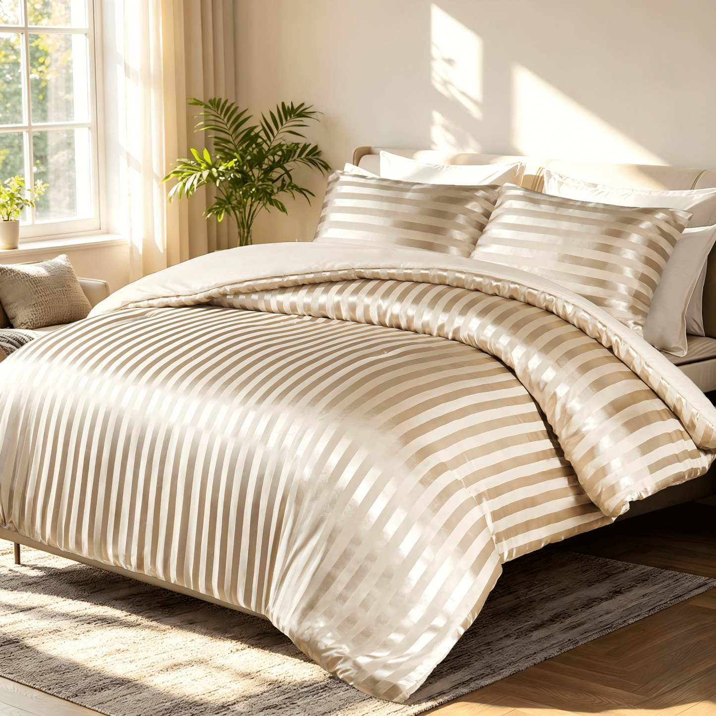 Whale Flotilla Queen Comforter Set 3-Piece Champagne Satin Stripe Bedding, Lightweight All-Season Reversible Soft Bedding Set with 2 Pillowcases