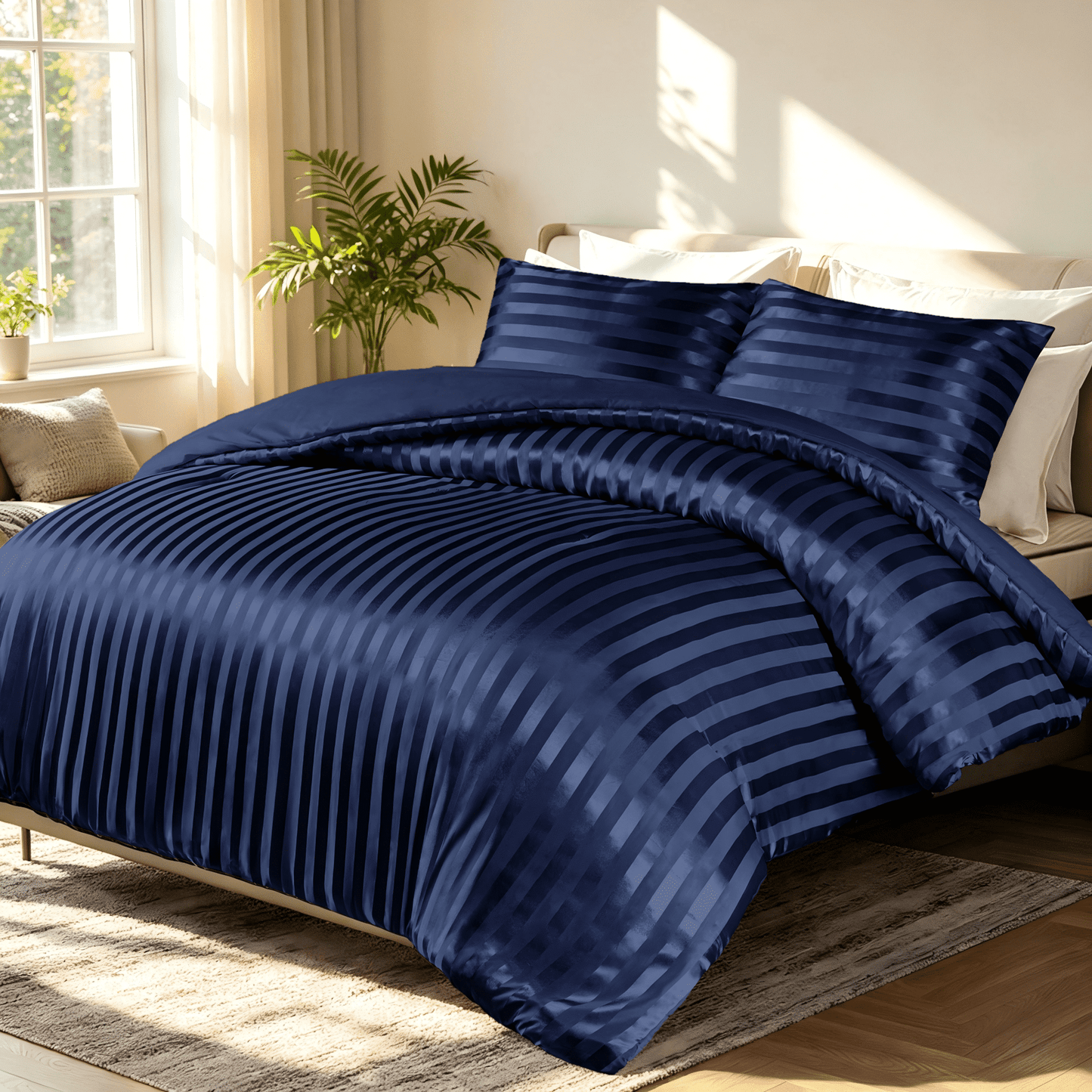 Whale Flotilla Queen Comforter Set 3-Piece Navy Satin Stripe Bedding, Lightweight All-Season Reversible Soft Bedding Set with 2 Pillowcases