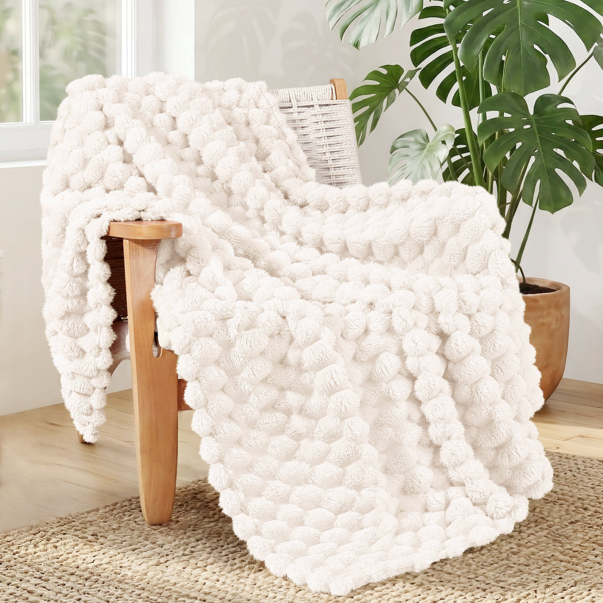 Whale Flotilla 50"x60" Throw Blanket for Couch with Expanded 3D-Jacquard Pattern, Fuzzy Soft Cozy Exquisite Blankets or All Season, Warm and Fluffy, White