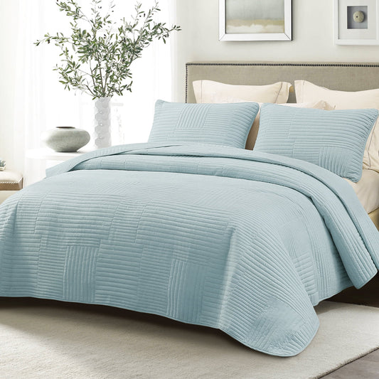 Whale Flotilla California King Quilt Set, Soft and Lightweight Bedspreads Coverlet with Striped Pattern, Reversible Bedding Sets with Pillow Shams, 104x112 Inches, Aqua