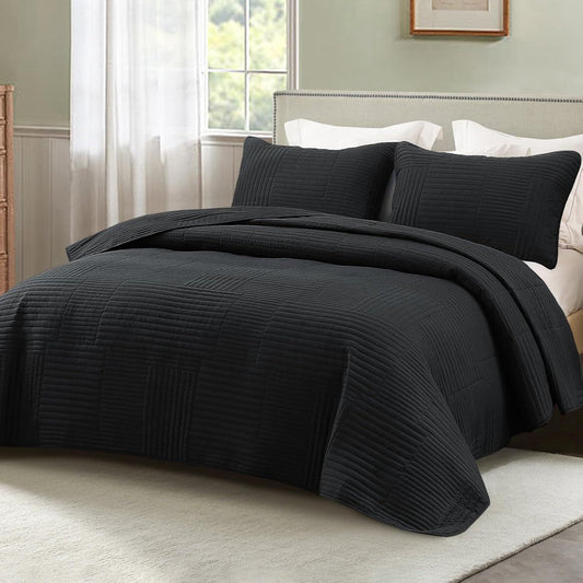 Whale Flotilla California King Quilt Set, Soft and Lightweight Bedspreads Coverlet with Striped Pattern, Reversible Bedding Sets with Pillow Shams, 104x112 Inches, Black