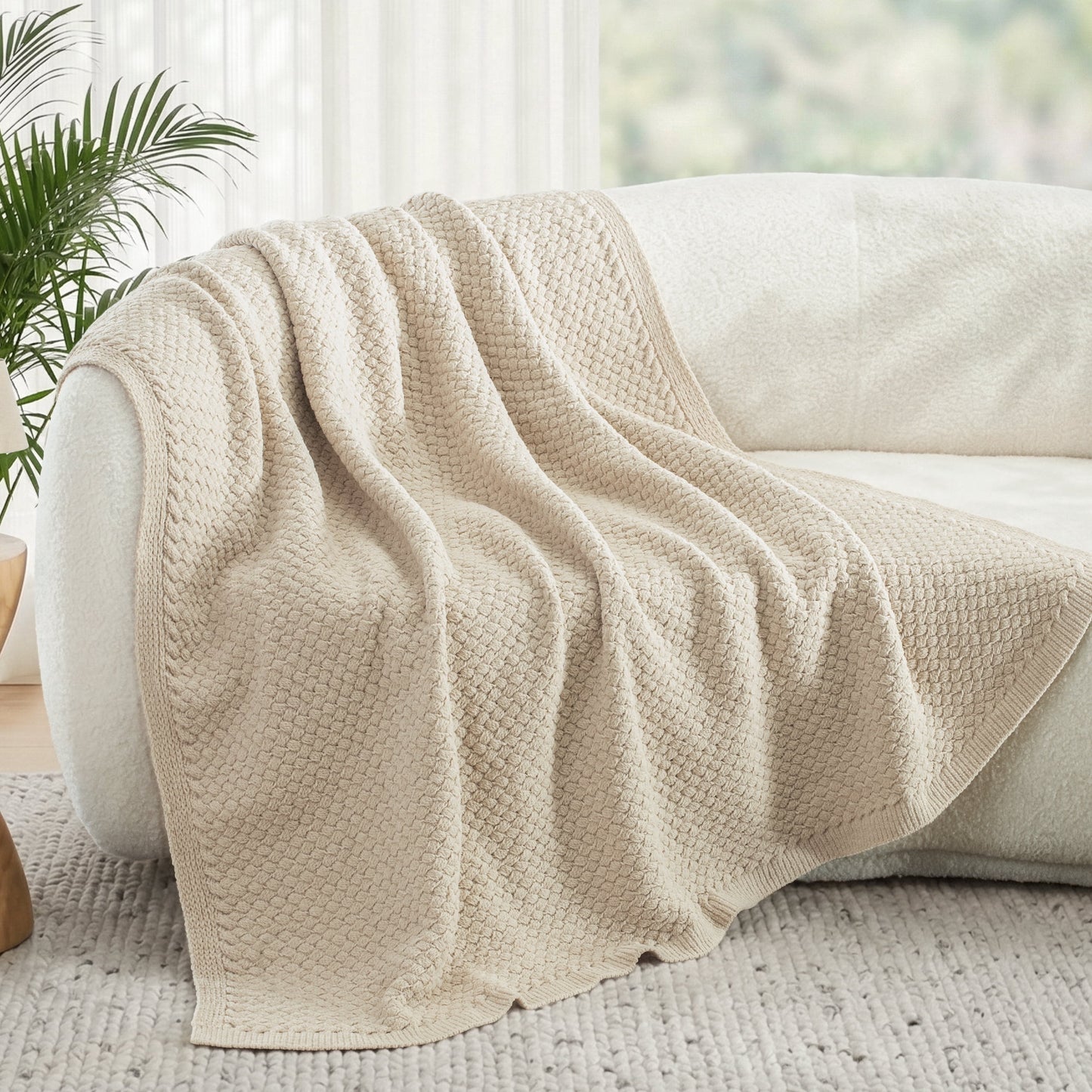Whale Flotilla Knit Chenille Throw Blanket for Couch, Sofa, Bed, Soft Fuzzy Warm and Chunky, 50"x60", Camel