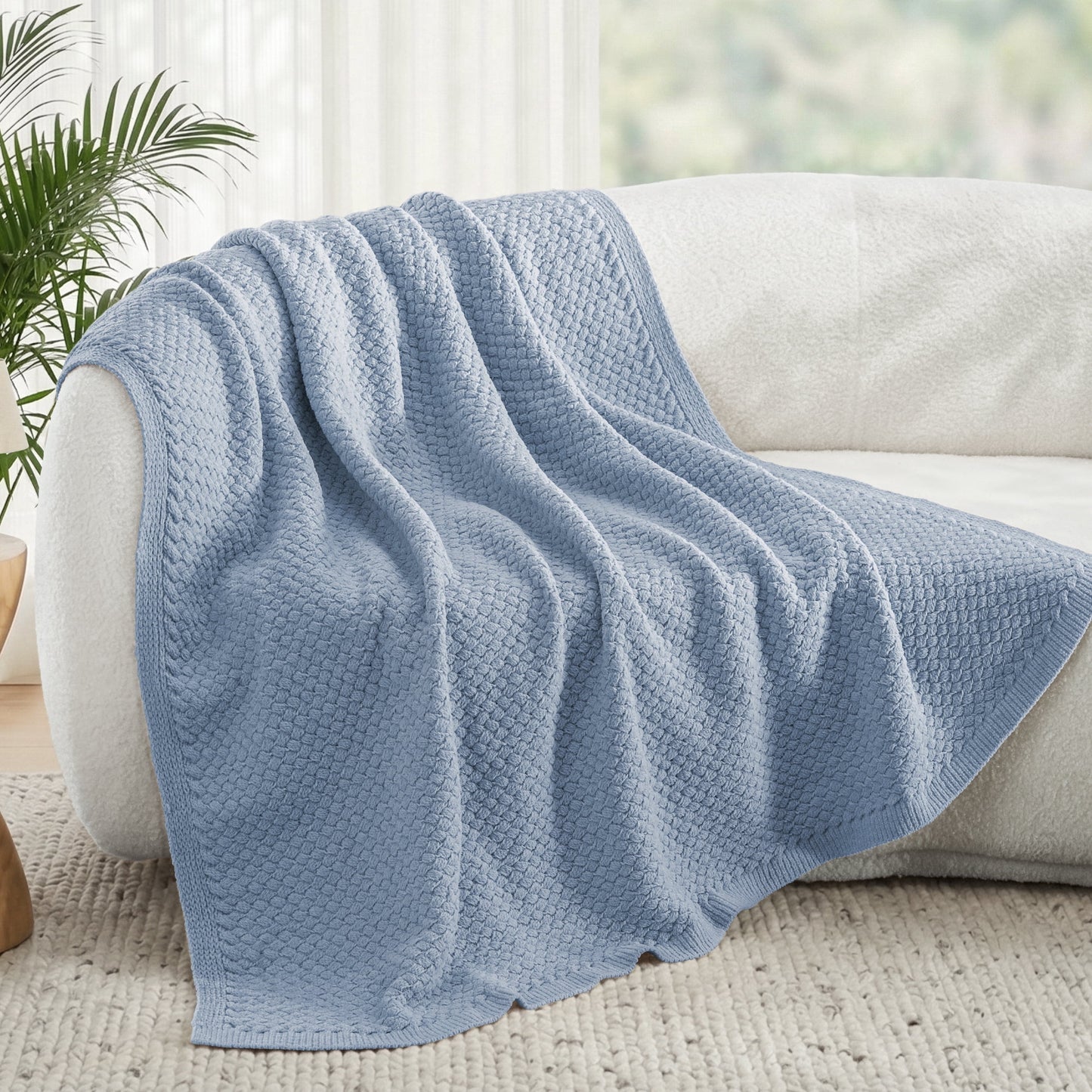 Whale Flotilla Knit Chenille Throw Blanket for Couch, Sofa, Bed, Soft Fuzzy Warm and Chunky, 50"x60", Grey Blue