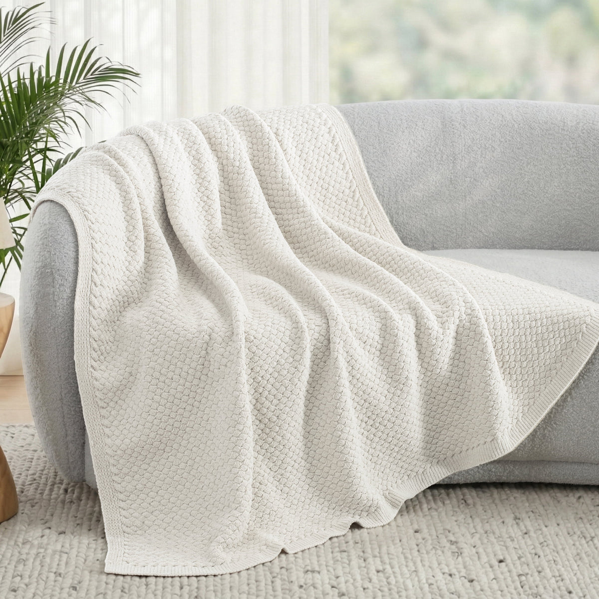 Whale Flotilla Knit Chenille Throw Blanket for Couch, Sofa, Bed, Soft Fuzzy Warm and Chunky, 50"x60", Ivory