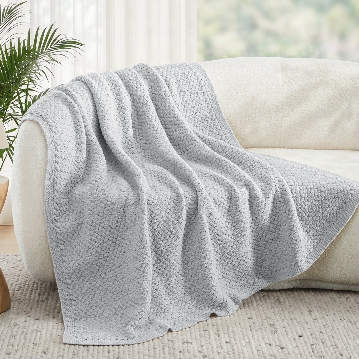 Whale Flotilla Knit Chenille Throw Blanket for Couch, Sofa, Bed, Soft Fuzzy Warm and Chunky, 50"x60", Light Grey