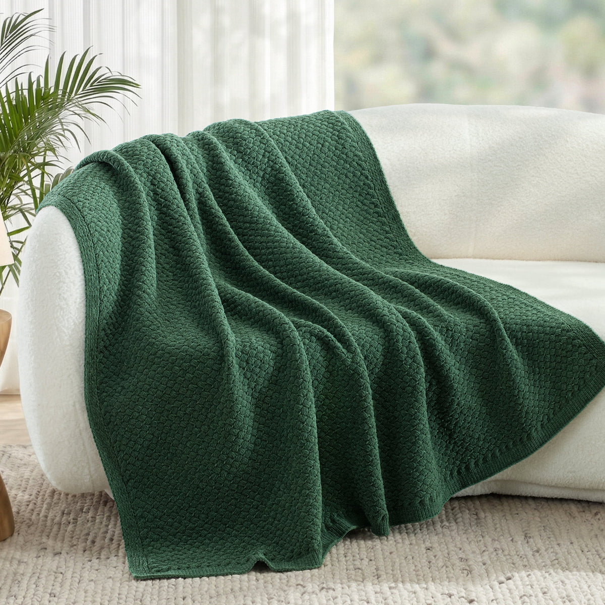 Whale Flotilla Knit Chenille Twin Size Blanket for Bed, Soft Fuzzy Warm Chunky Bed Blanket, 60"x80", Deep Green