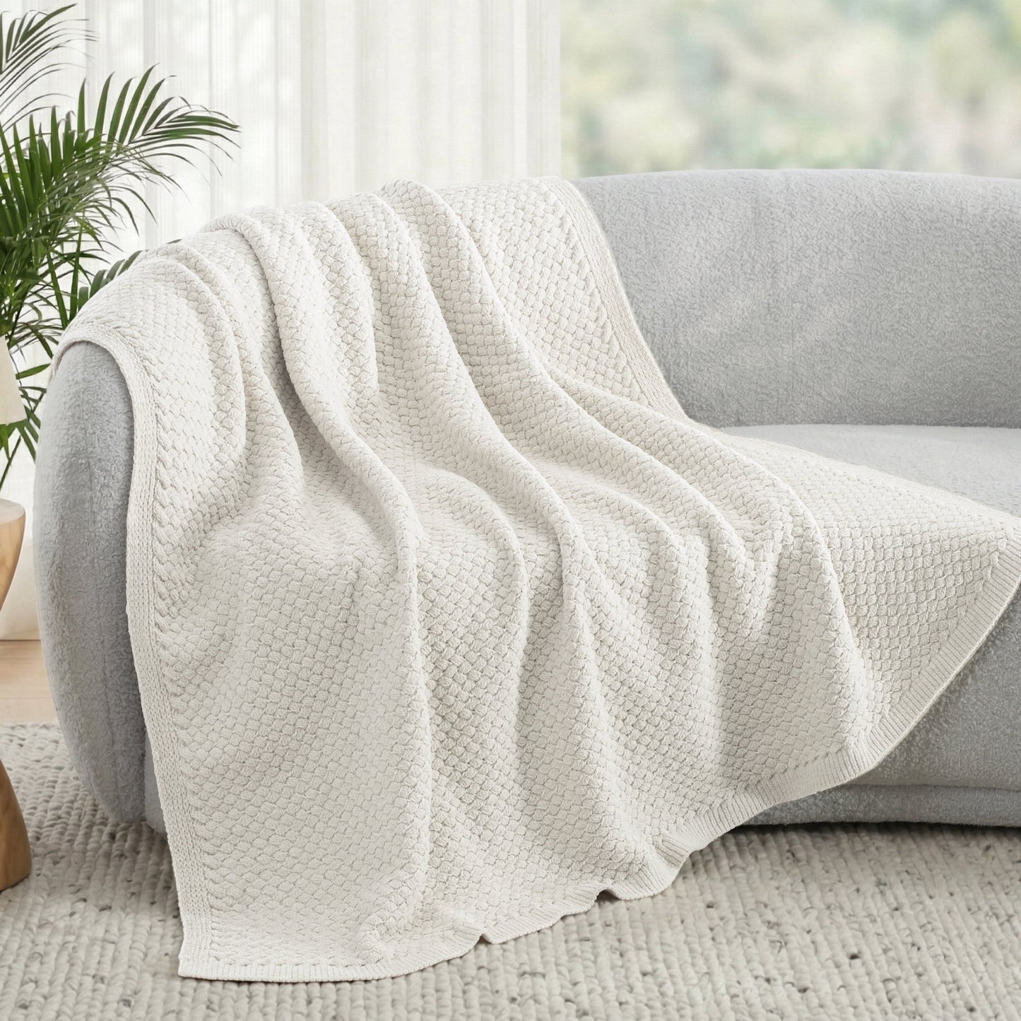 Whale Flotilla Knit Chenille Twin Size Blanket for Bed, Soft Fuzzy Warm Chunky Bed Blanket, 60"x80", Ivory
