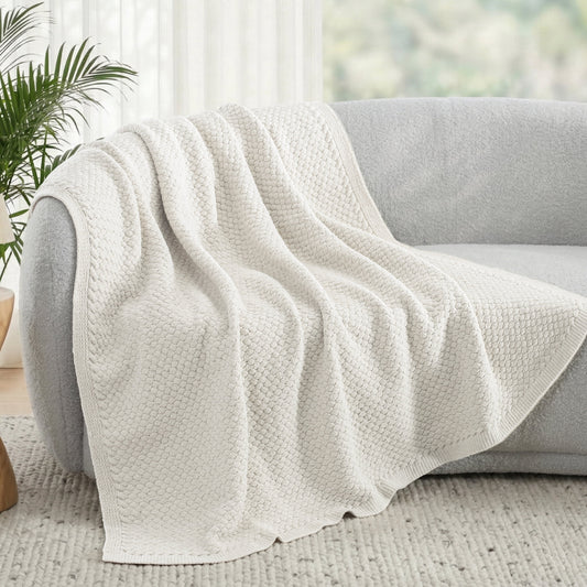 Whale Flotilla Knit Chenille Twin Size Blanket for Bed, Soft Fuzzy Warm Chunky Bed Blanket, 60"x80", Ivory