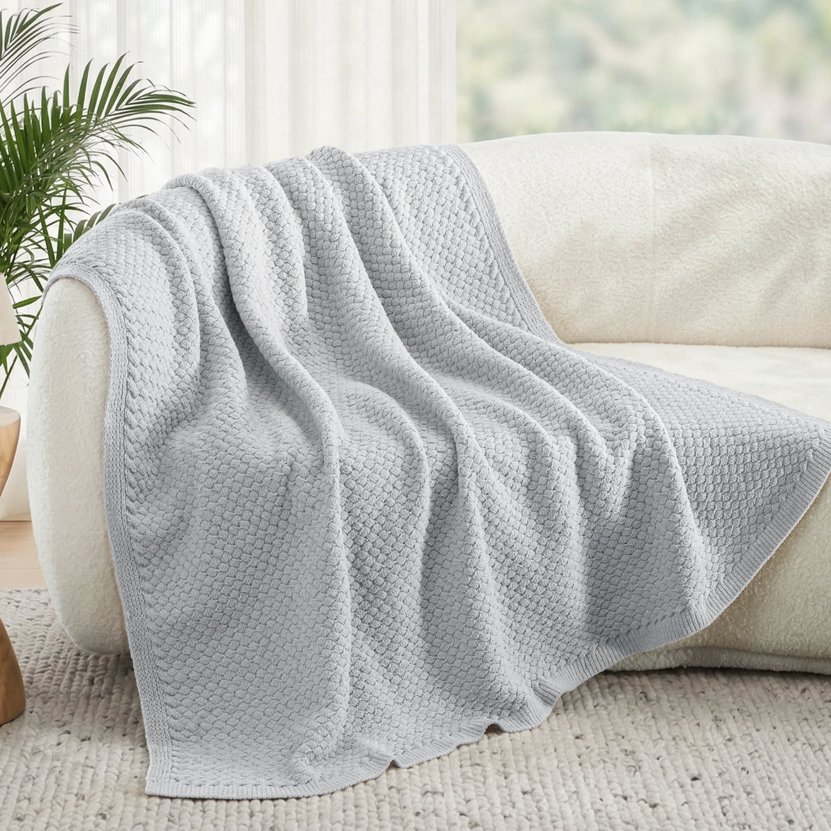 Whale Flotilla Knit Chenille Twin Size Blanket for Bed, Soft Fuzzy Warm Chunky Bed Blanket, 60"x80", Light Grey