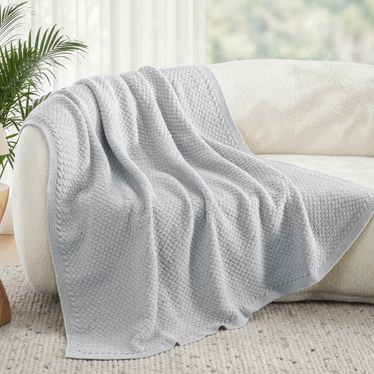 Whale Flotilla Knit Chenille Twin Size Blanket for Bed, Soft Fuzzy Warm Chunky Bed Blanket, 60"x80", Light Grey