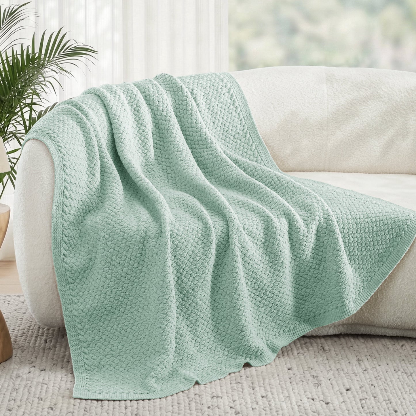 Whale Flotilla Knit Chenille Twin Size Blanket for Bed, Soft Fuzzy Warm Chunky Bed Blanket, 60"x80", Sage Green