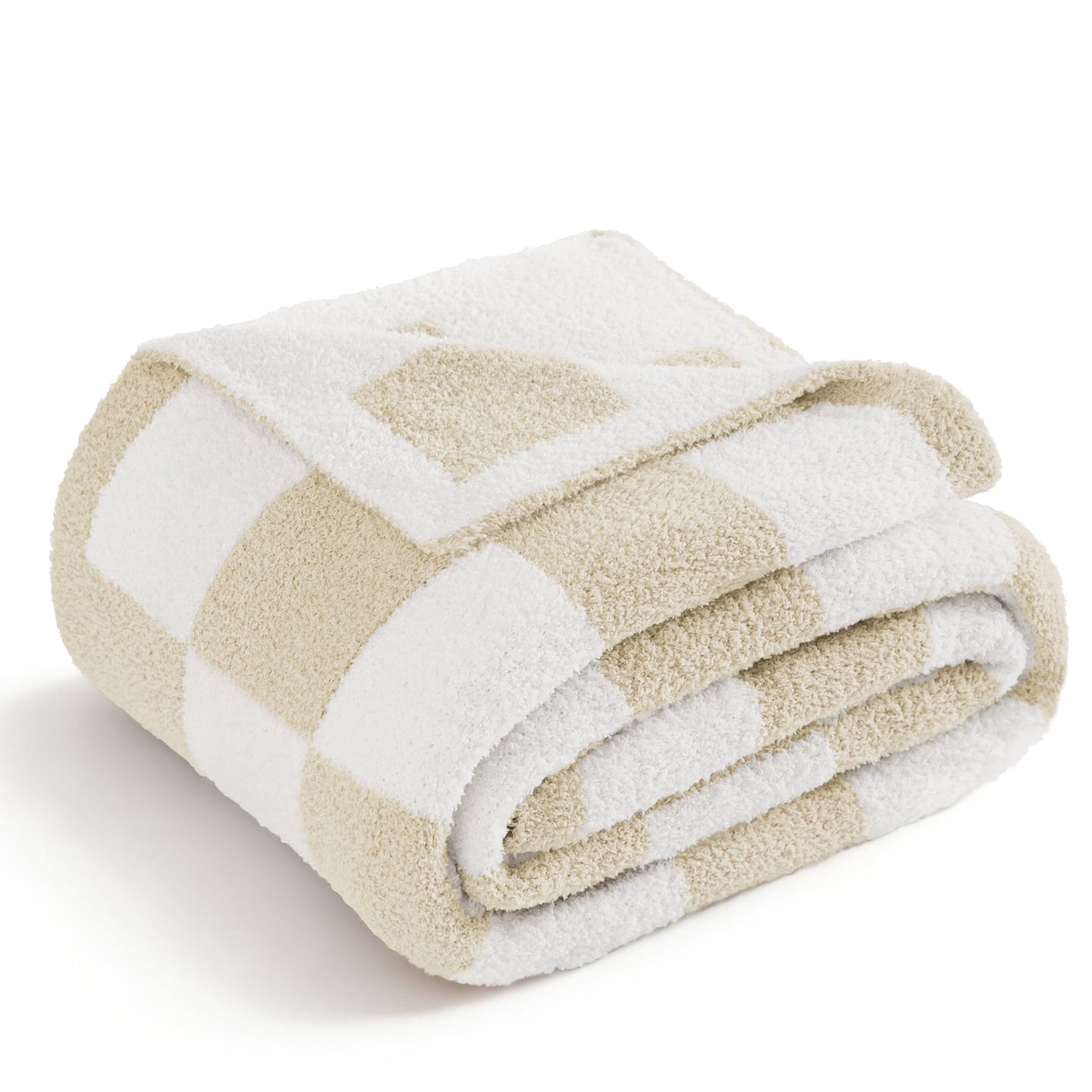 Whale Flotilla Checkered Knit Queen Size Blanket for Bed, Soft Fluffy and Cozy, 90"x90", Camel
