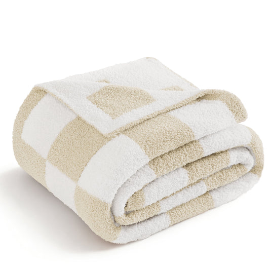 Whale Flotilla Checkered Knit Queen Size Blanket for Bed, Soft Fluffy and Cozy, 90"x90", Camel