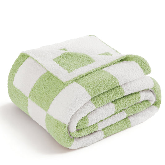 Whale Flotilla Chequer Board Queen Size Blanket, 90x90 Inch, Light Green