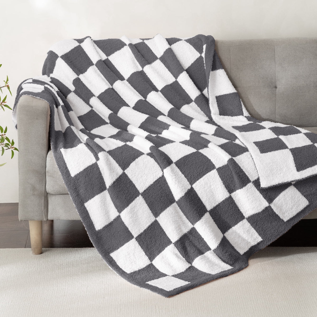 Whale Flotilla Checkered Knit Throw Blanket for Couch, Sofa, Bed, Soft Fluffy and Cozy, 50"x60", Grey