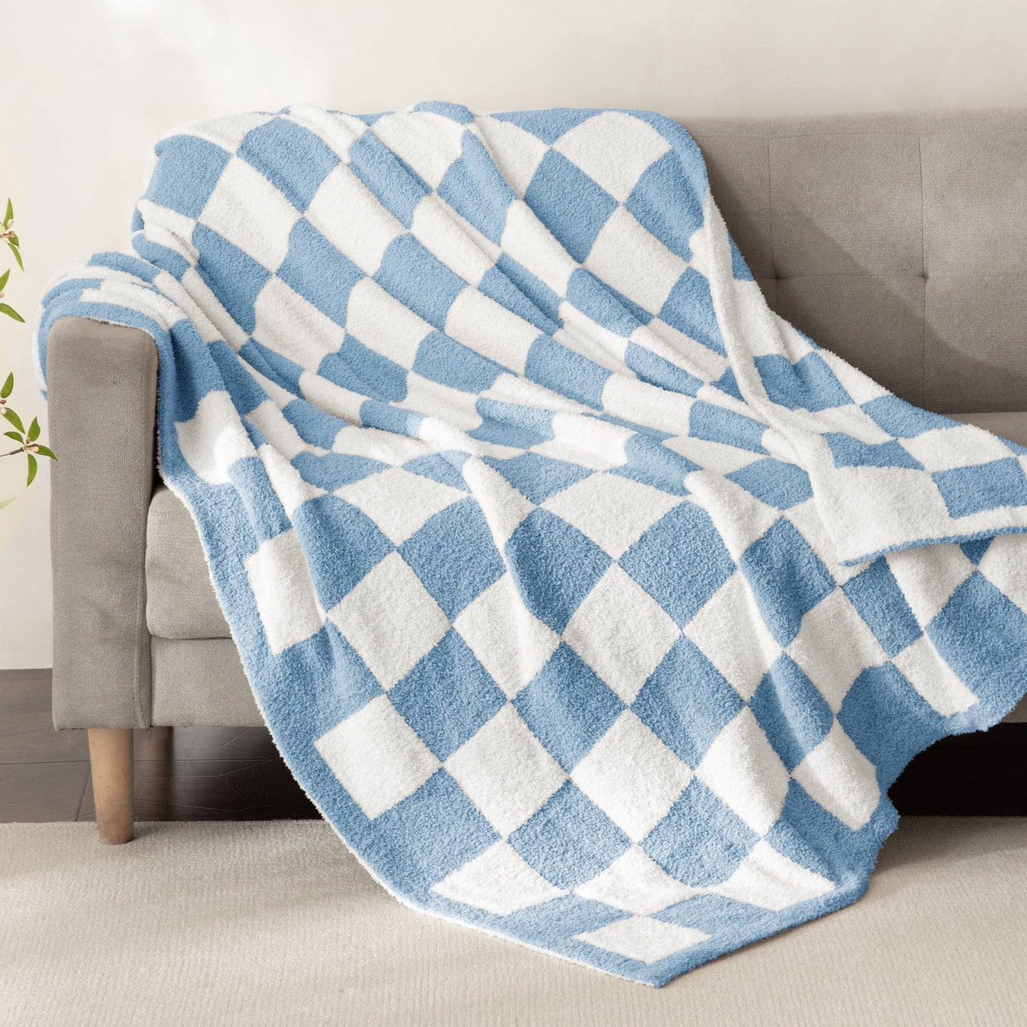 Whale Flotilla Checkered Knit Throw Blanket for Couch, Sofa, Bed, Soft Fluffy and Cozy, 50"x60", Light Blue